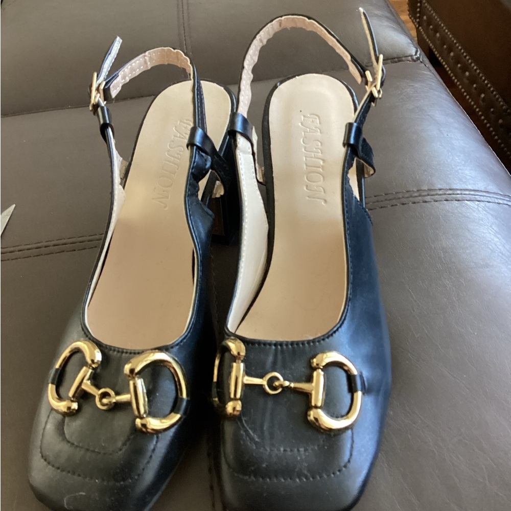 Fashion Black Heels with Gold Buckle Accents